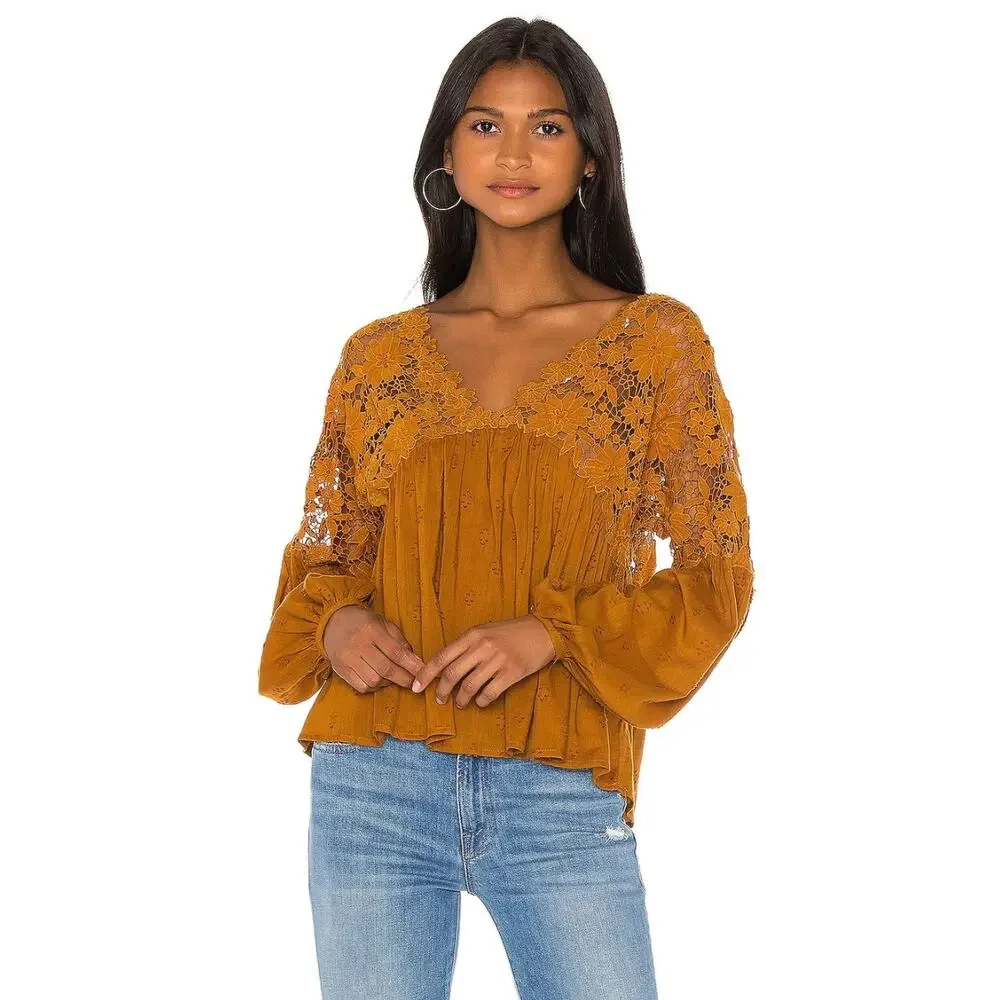 FREE PEOPLE Bronze Gold V-Neckline Bell Sleeves 100% Cotton Lina Lace Top Sz S